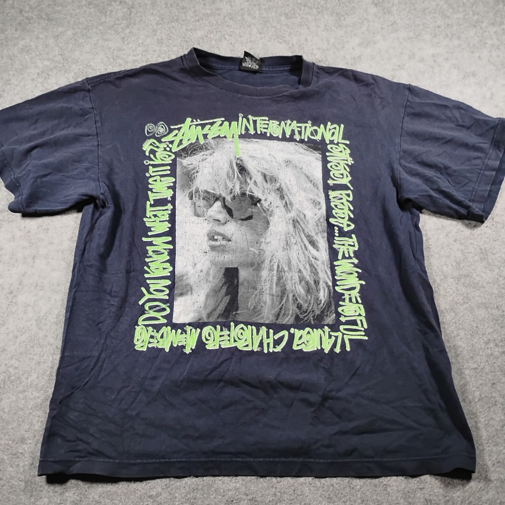 Vintage Stussy Laura Love Photo Graphic T-Shirt Navy Blue Mens Large Mexico